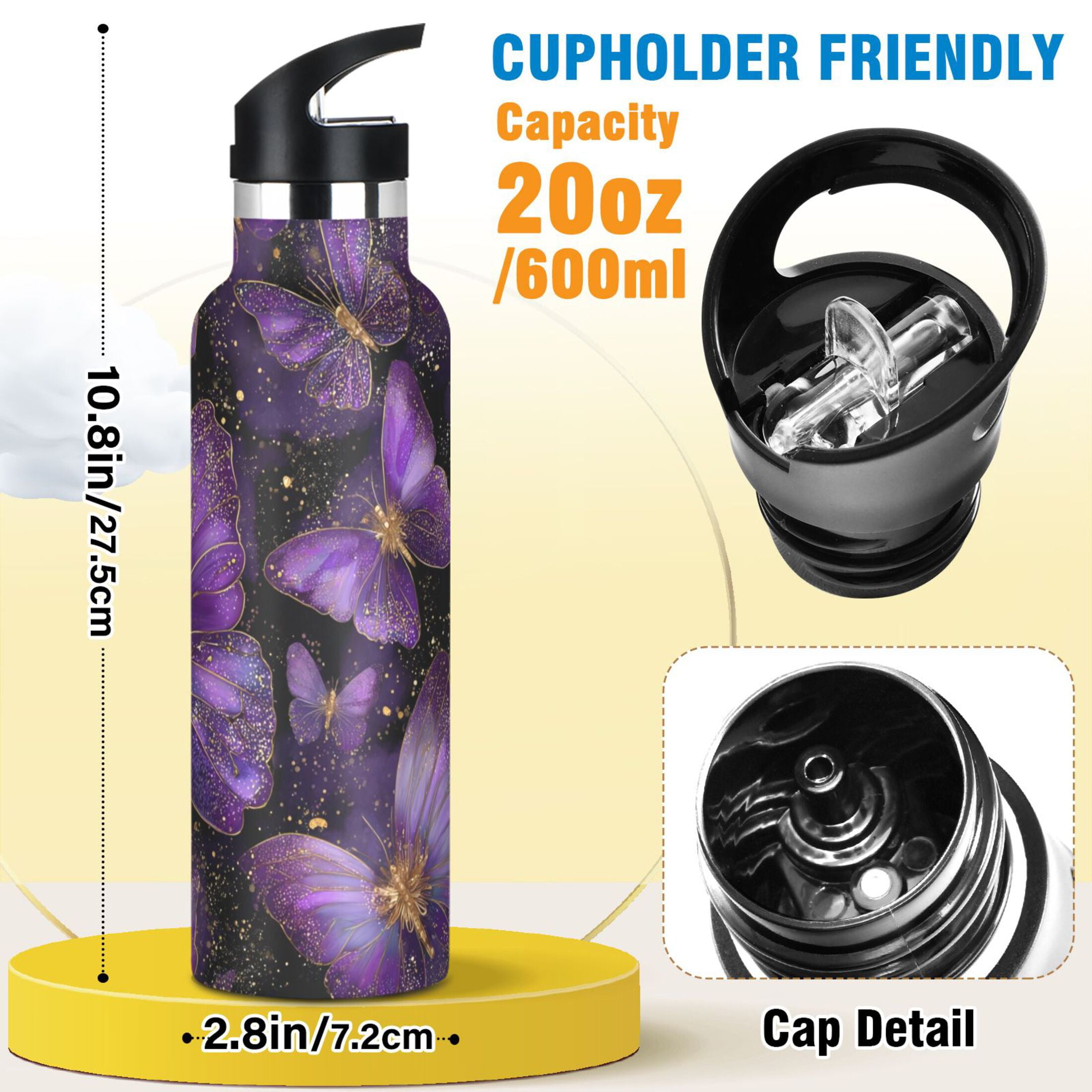 600ML Stainless Steel Insulated Cup Sports Water Bottle Portable Thermos Cup Water Glasses Insulated Tumblers Convenient and Durable Purple Butterflies