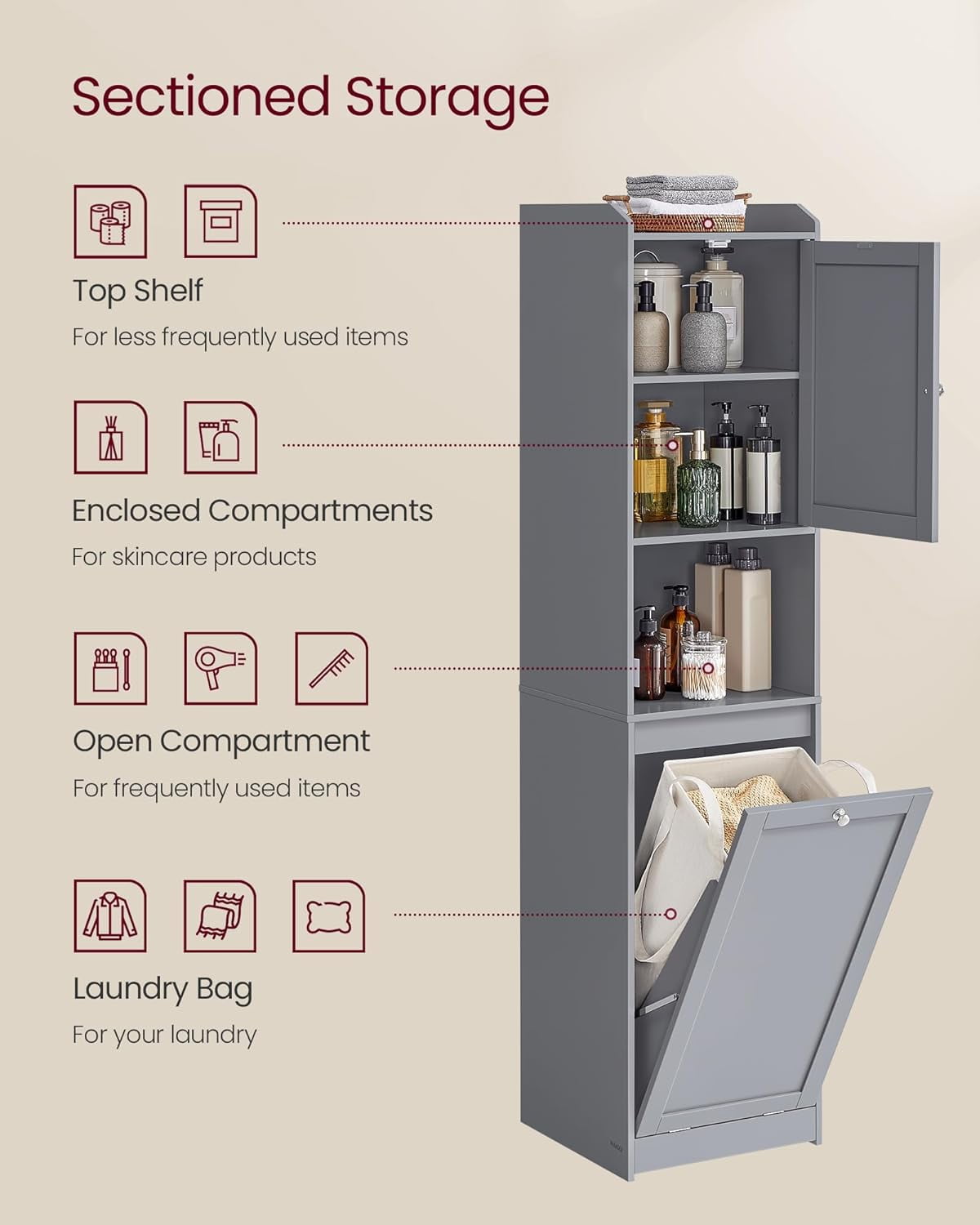 Tall Bathroom Cabinet with Laundry Basket, Removable Laundry Basket with Handles, Compartment with Door, Linen Tower, 15.8 x 15.8 x 66.9 Inchees, Dove Gray