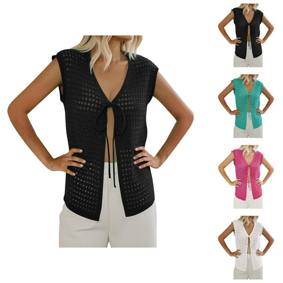 Ladies' Fashionable Cutout Sweater Short Sleeved Knitted Cardigan Vacation Lace Up Blouse Cardigan Sweaters for Women