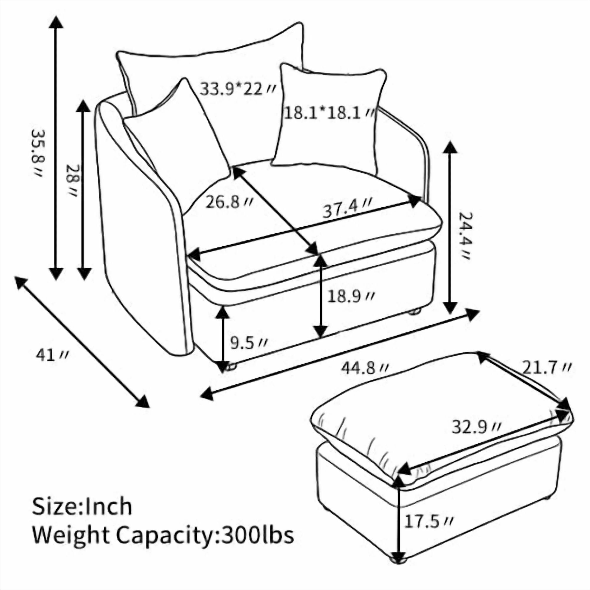 44.6" W Oversized Swivel Armchair with Ottoman,37.8" Large Seat Width Accent Chair with 3 Pillows