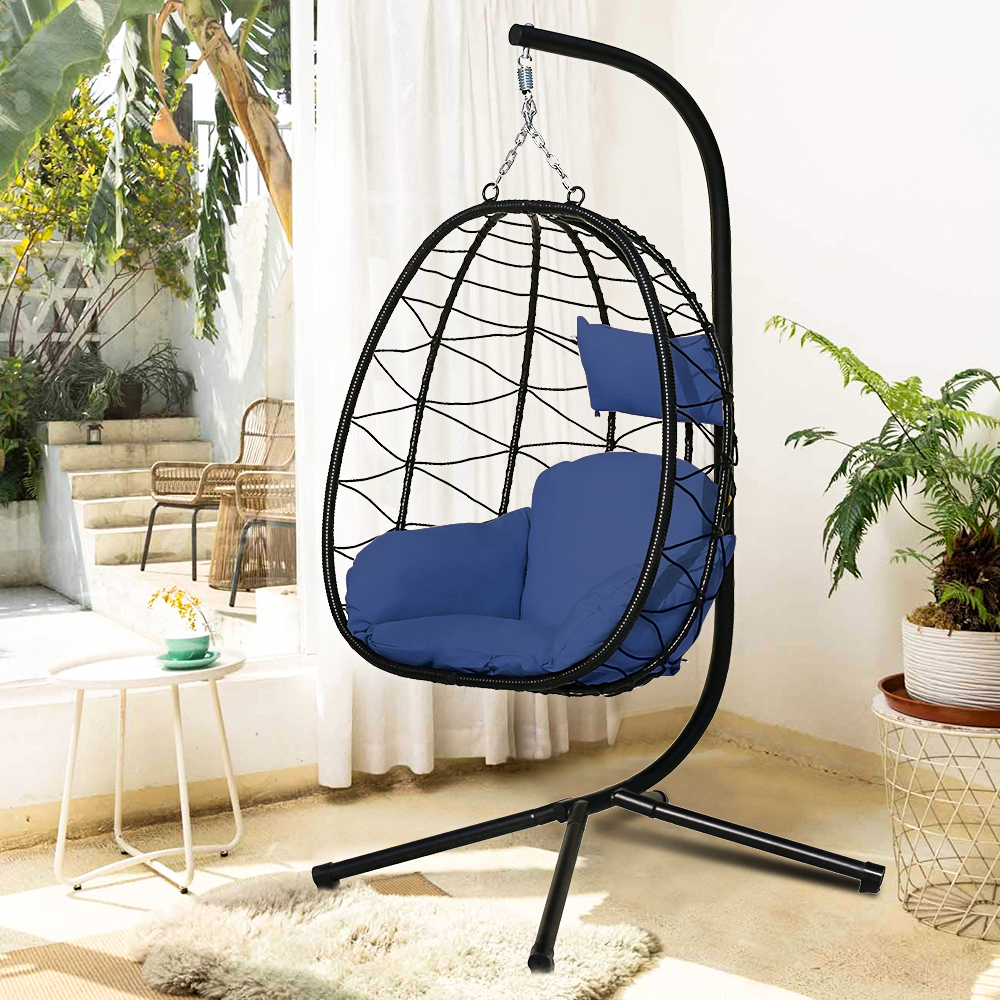 Patio Outdoor Egg Chair, Wicker Hanging Egg Chair with Navy Blue Cushion, Hanging Egg Chair with Stand, Swinging Egg Chair for Indoor Bedroom Garden Balcony, Patio Furniture Lounge Chair Set, W8046 - image 2 of 8