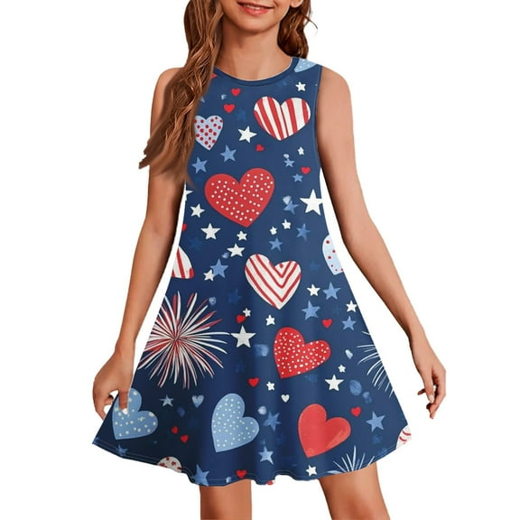 Xyxonk Fourth Of July Dresses for Girls Printed Sleeveless American Flag Patriotic Dresses Fashion Casual Independence Pride Day Crewneck Outfits Clothes for Kids 5-14 Years ,Dark Blue
