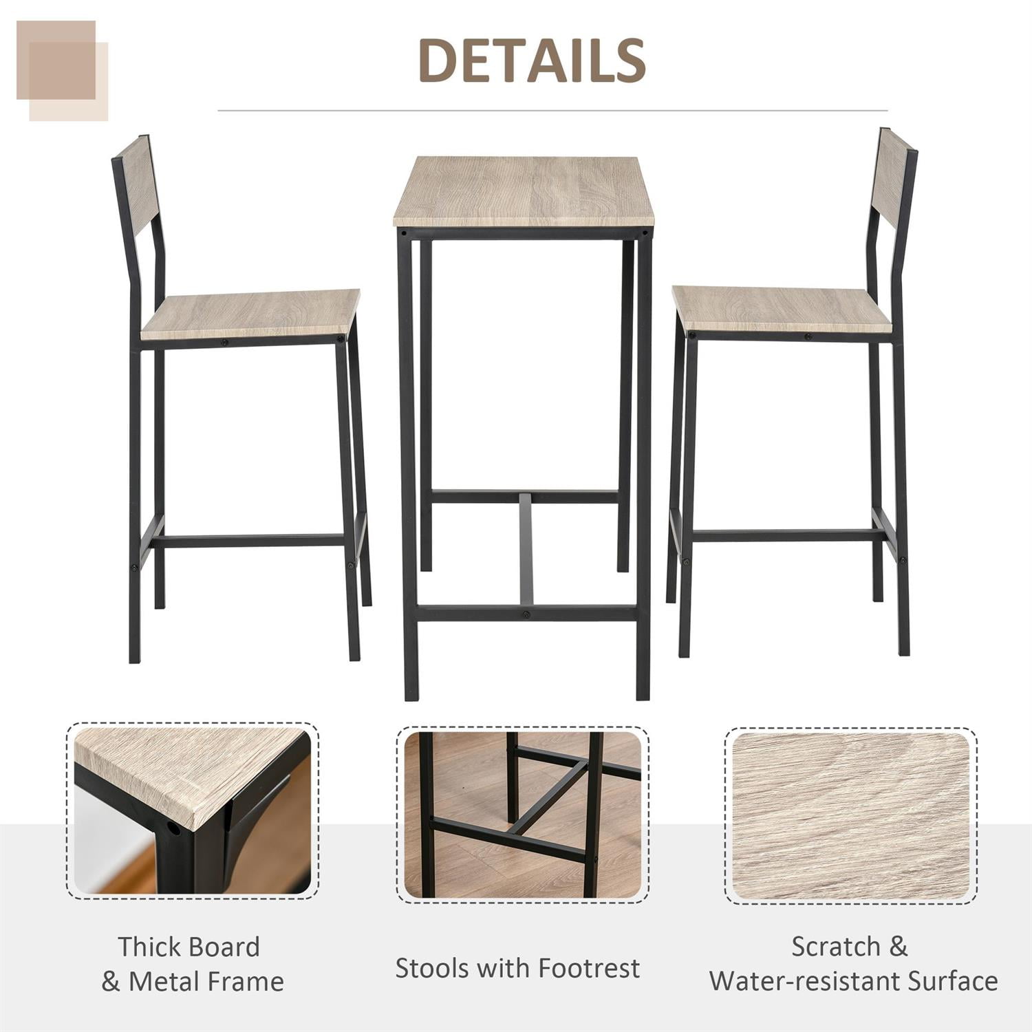 Demi Bonn 3-Piece Industrial-Style Bar Table Set, Counter Height for Compact Spaces, Bar Stools Included, Modern Dining Set for 2, Beige