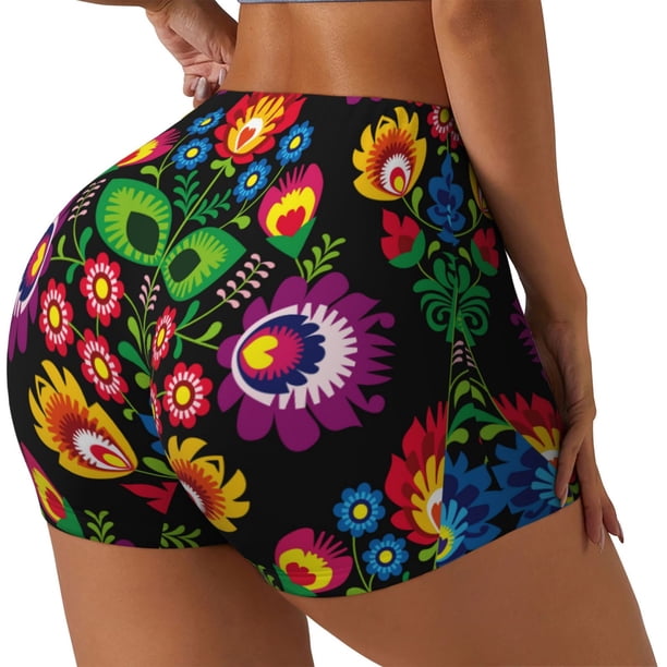 Fotbe Traditional Floral Polish Shorts Sin Costuras – Shorts Deportivos de Cintura Alta para Mujer, Elásticos para Gimnasio, Yoga, Running o Ciclismo-Large