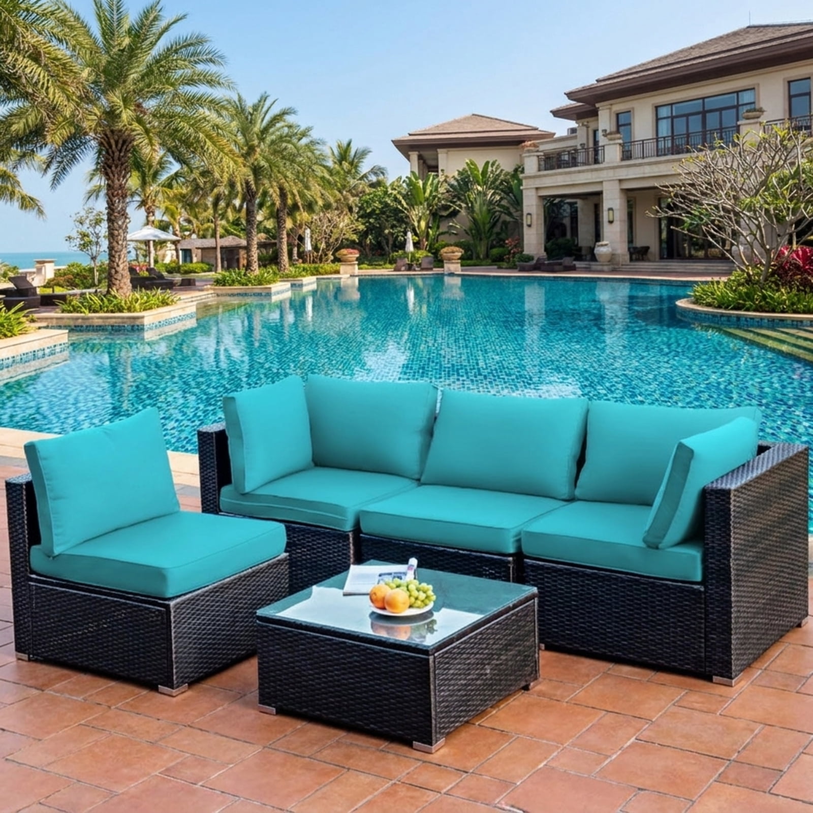 Furnibear 5 Piece Cushioned Patio Rattan Furniture Set with Glass Table, Outdoor Wicker Conversation Set with 4 Chairs for Garden Backyard, White