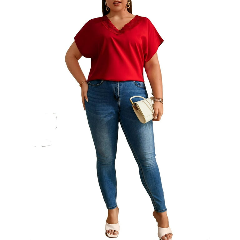 Casual V Neck Top Short Sleeve Red Plus Size Blouses (Women's
