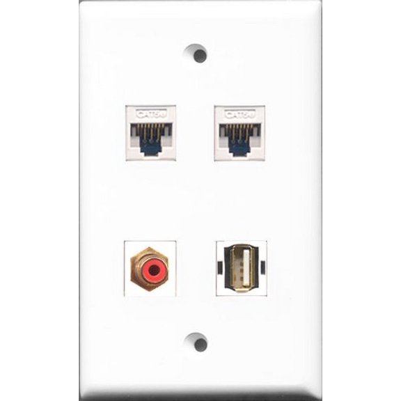 RiteAV - 1 Port RCA Red and 1 Port USB A-A 2 Port Cat5e Ethernet White Wall Plate