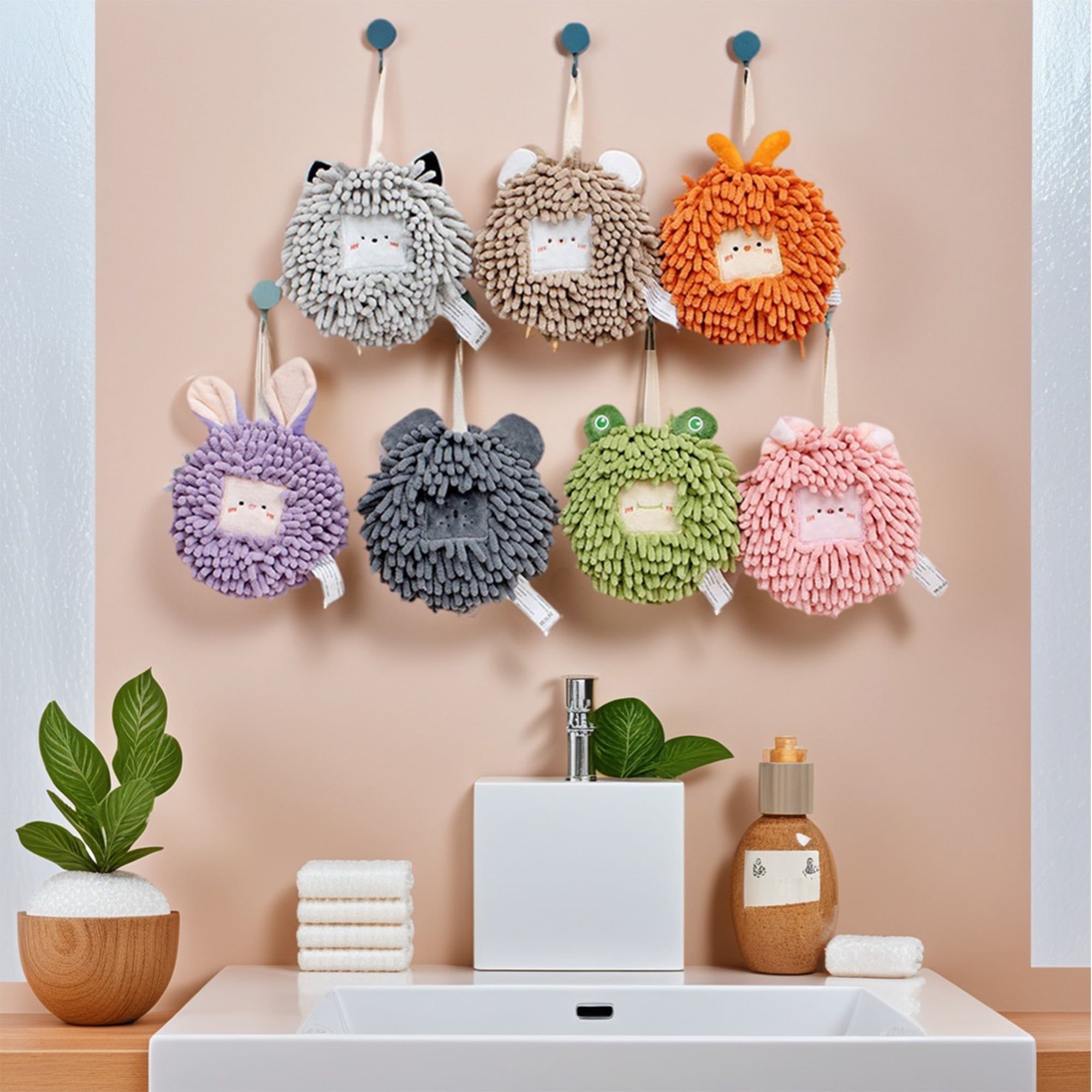 Unique Bargains 2 Pcs Chenille Ball Hanging Hand Towel 7" x 7" Pink/Green