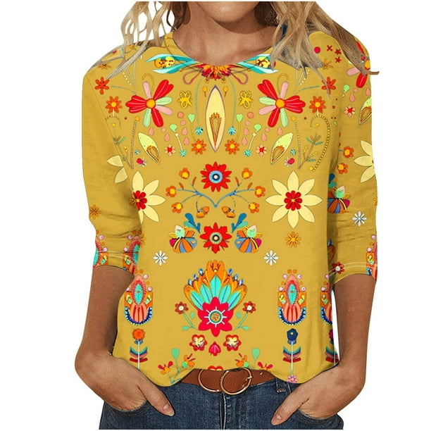 Camisetas Casuales de las Mujeres de Moda Impresa 3/4 Mangas Blusa Cuello Redondo para el Hogar Y Diario