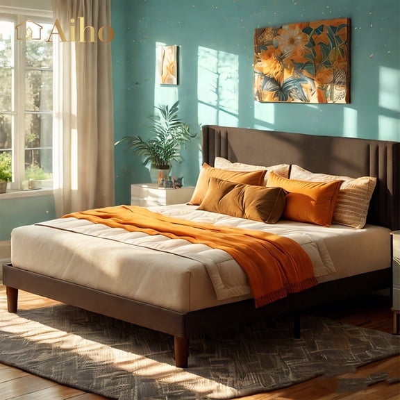 Aiho Queen Size Upholstered Platform Bed Frame with Sturdy Metal Frame, Modern Wingback Headboard - Dark Gray