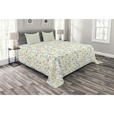 Peach And Green Comforter Baby Bedspread Set, Kitty in Soft Toned Kids Nursery Love Cats Childish Happy Cartoon, Decorative Quilted Coverlet Set with Pillow Shams Included, Peach Pale Green Blue Grey, by Ambesonne ()
