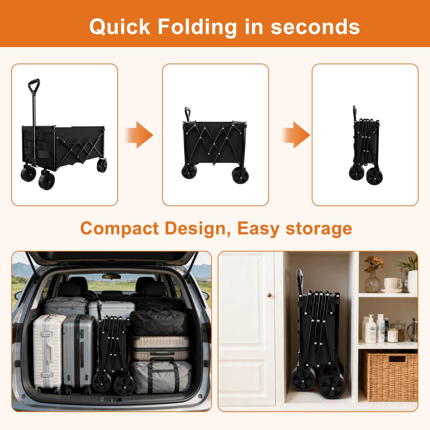 Favoyard Collapsible Wagon, Portable Folding Wagon with All-Terrain Wheels and Adjustable Handle for Grocery Camping Shopping Garden, 100L and 330lbs