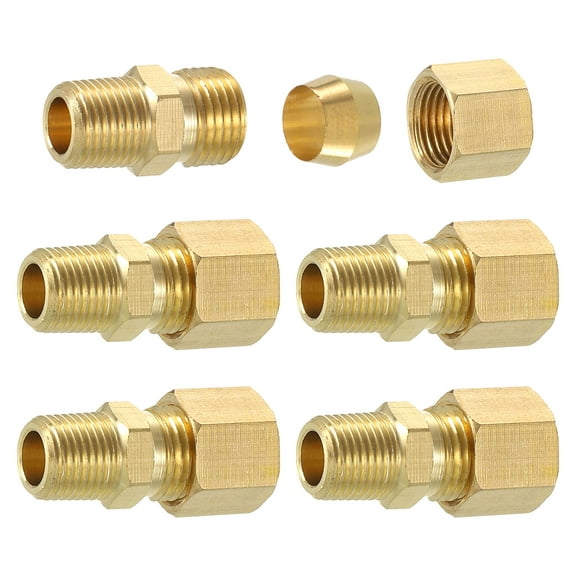 5Pack Brass Pipe Fitting, 1/4" OD x 1/8" NPT Male Brass Compression Tube Fitting, Brass Compression Union Connector, Brass Straight Coupling Adapter Fitting Fit 1/4" Pipe