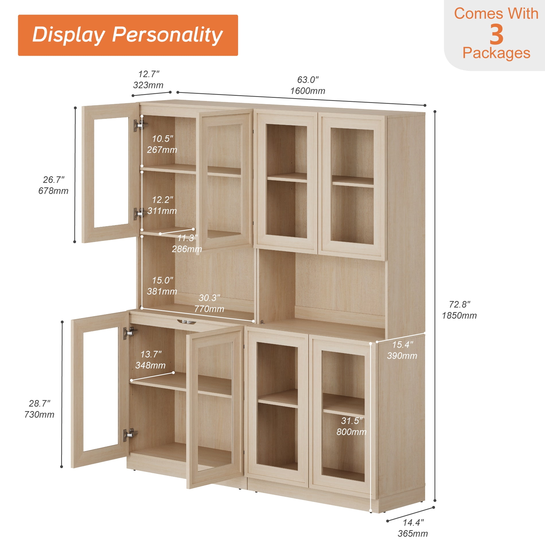 72" Tall Modern Sideboard Buffet Cabinet, Glass Door Storage Cabinet with Adjustable Shelves, Layered Wood Console Cabinet for Dining Room,Living Room, Entryway,Beige
