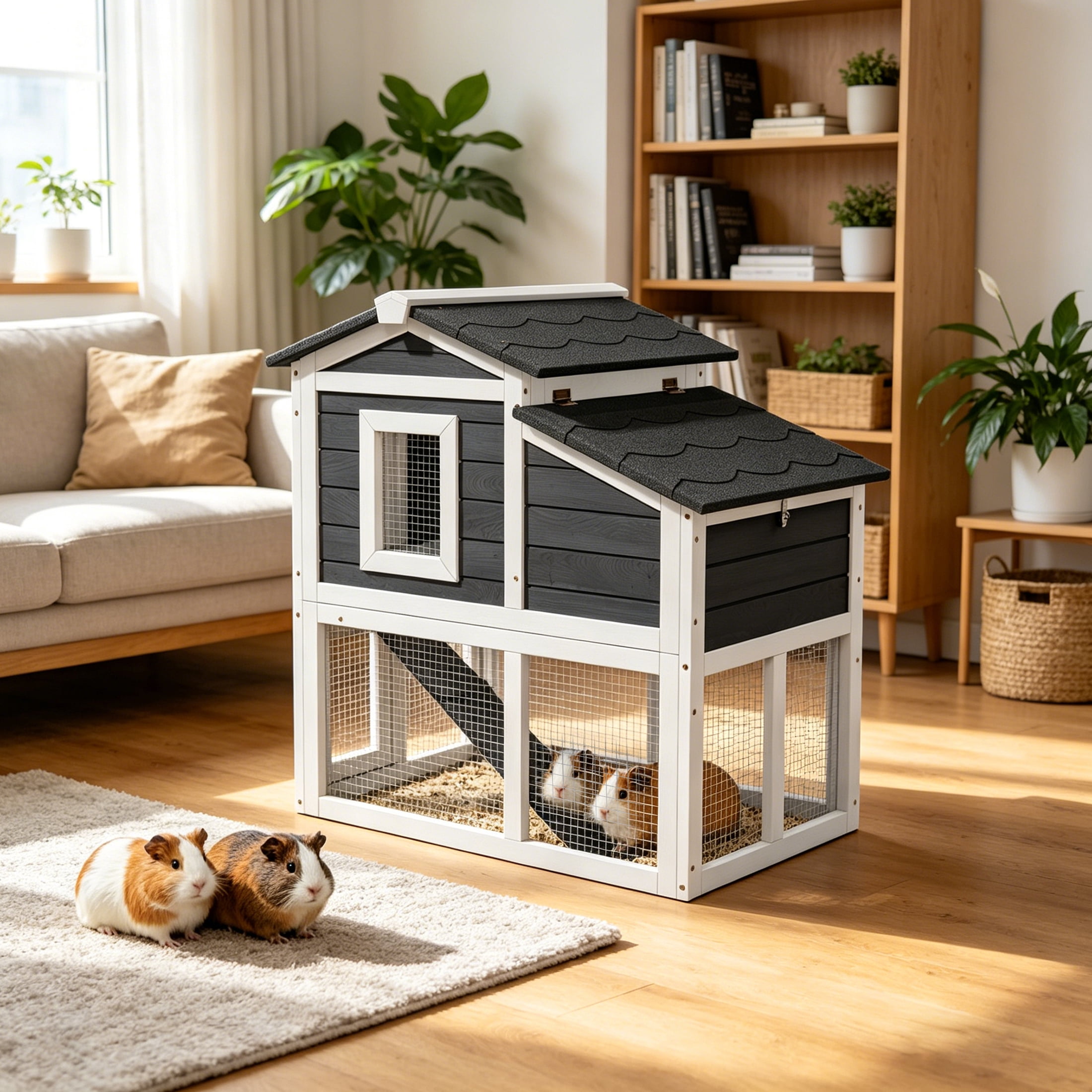 Outdoor Weatherproof 2-Tier Quail Cage with Pull Out Tray & Open Roof, Suitable for 6 Quails, Black & White