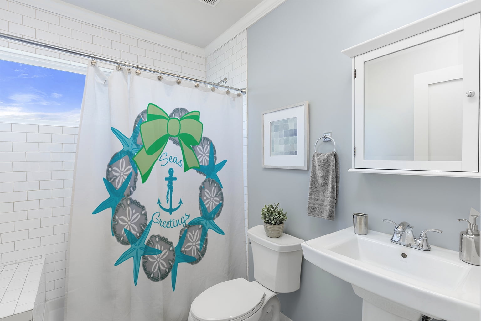 Simply Daisy 70" W x 73" L Seas and Greetings Wreath Polyester Shower Curtain, Turquoise [1 Ct]