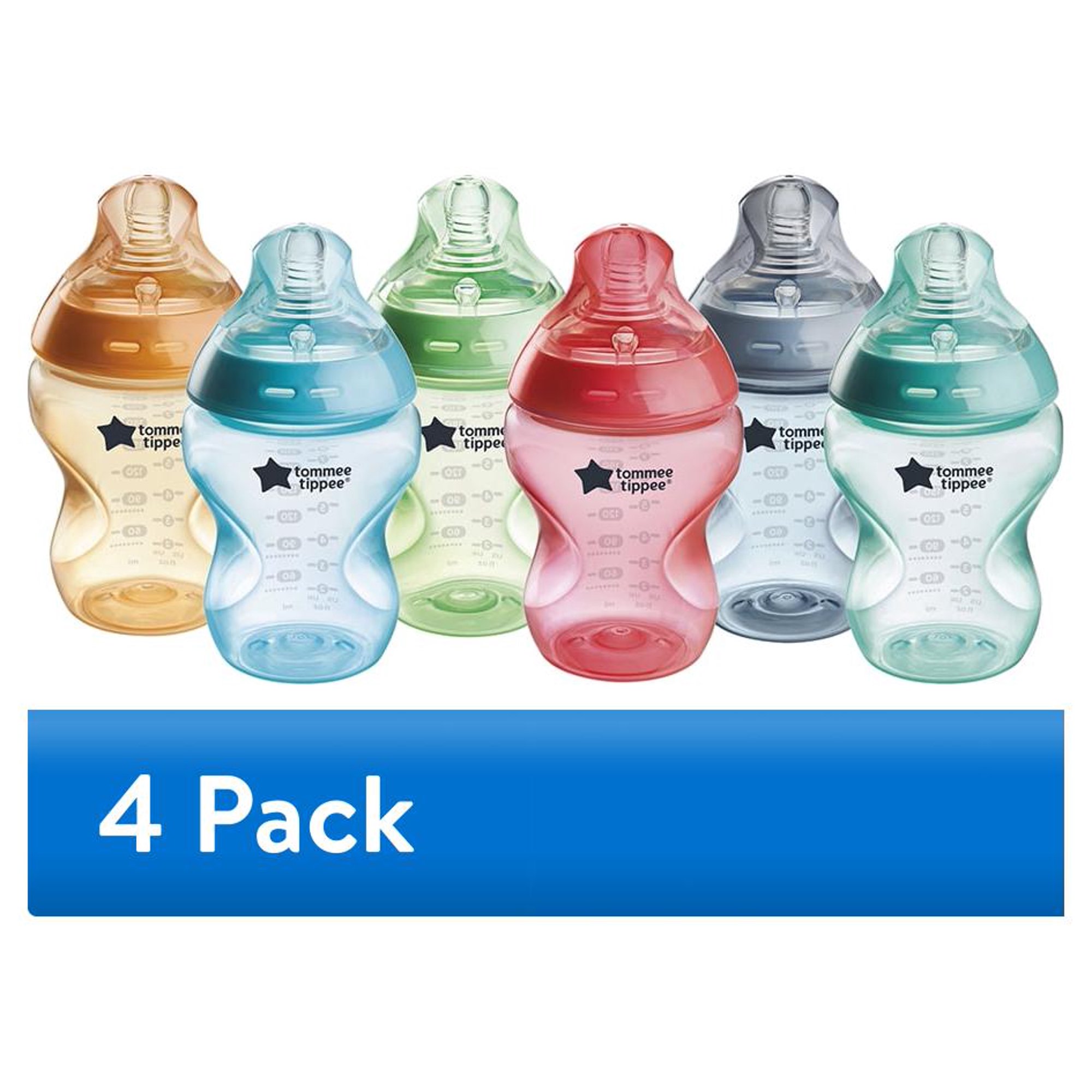 (4 pack) Tommee Tippee Natural Start Anti-Colic Colorful Baby Bottles, 9oz, 0 month+, Slow-Flow Breast-Like Nipple for a Natural Latch, Anti-Colic Valve, Fiesta, Pack of 6