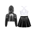 thumbnail image 4 of Hansber Kids Girls Hip Hop Dance Outfit Shiny Metallic Cropped Hoodie Sweatshirt Sports Bra and Skirt Set Black White 16, 4 of 6