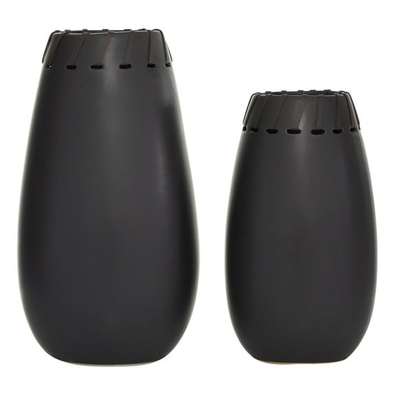 DecMode 16", 13"H Black Ceramic Vase with Cut Out Patterns, Set of 2