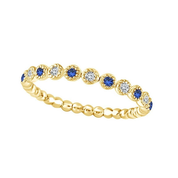 AFFY 1/6 Carat White Natural Diamond & Round Simulated Blue Sapphire Beaded Dot Stackable Band Ring In 10K Solid Yellow Gold