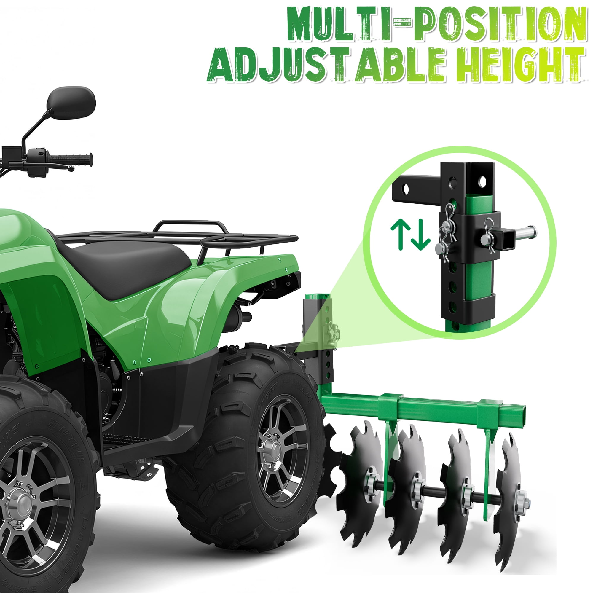 32" Tow-Behind Disc Harrow Plow for ATV/UTV/Garden Tractors, 2" Receiver Hitch, Adjustable Height Soil Tiller with 12" Steel Discs, Green