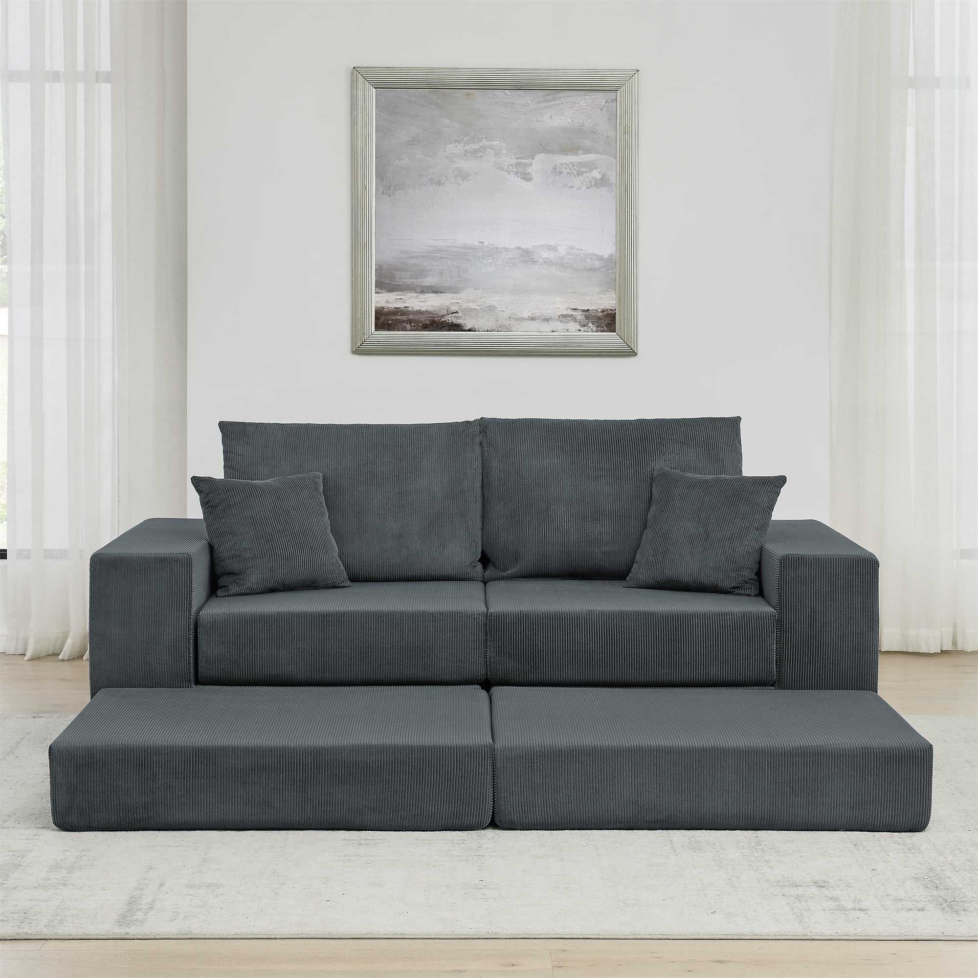 Miniyam Corduroy Modular Sofa, Cloud Couch Deep Seat Sectional with Pillows and Ottoman, No Assembly Required, Living Room Furniture, Grey
