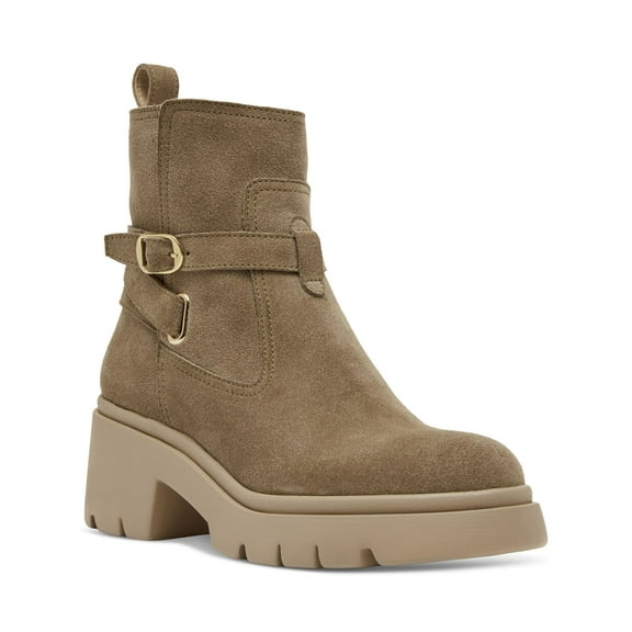 STEVE MADDEN Womens Beige Treaded Heel Pull-Tab Bucke Accent Ankle Strap Padded Lug Sole Colletta Almond Toe Zip-Up Leather Moto 7.5 M