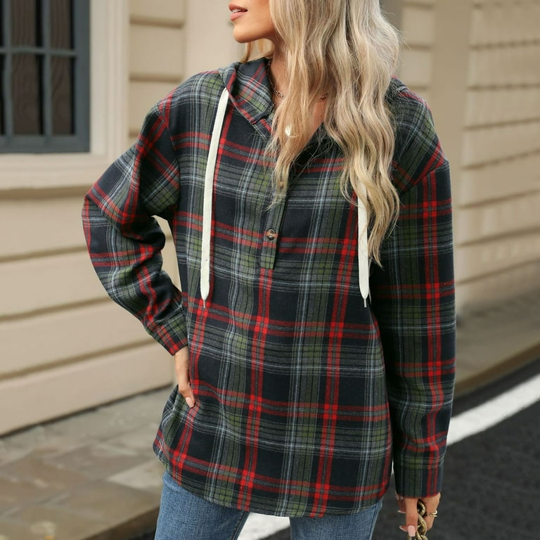 TYGHBN Women's Autumn and Winter Loose Long Sleeved Hooded Button