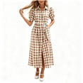 thumbnail image 2 of Ayolanni Women Summer Dresses V Neck Short Sleeve Plaid A-Line Maxi Dress Party Belted Birthday Elegant Long Dress with Puff Sleeve Brown L, 2 of 5
