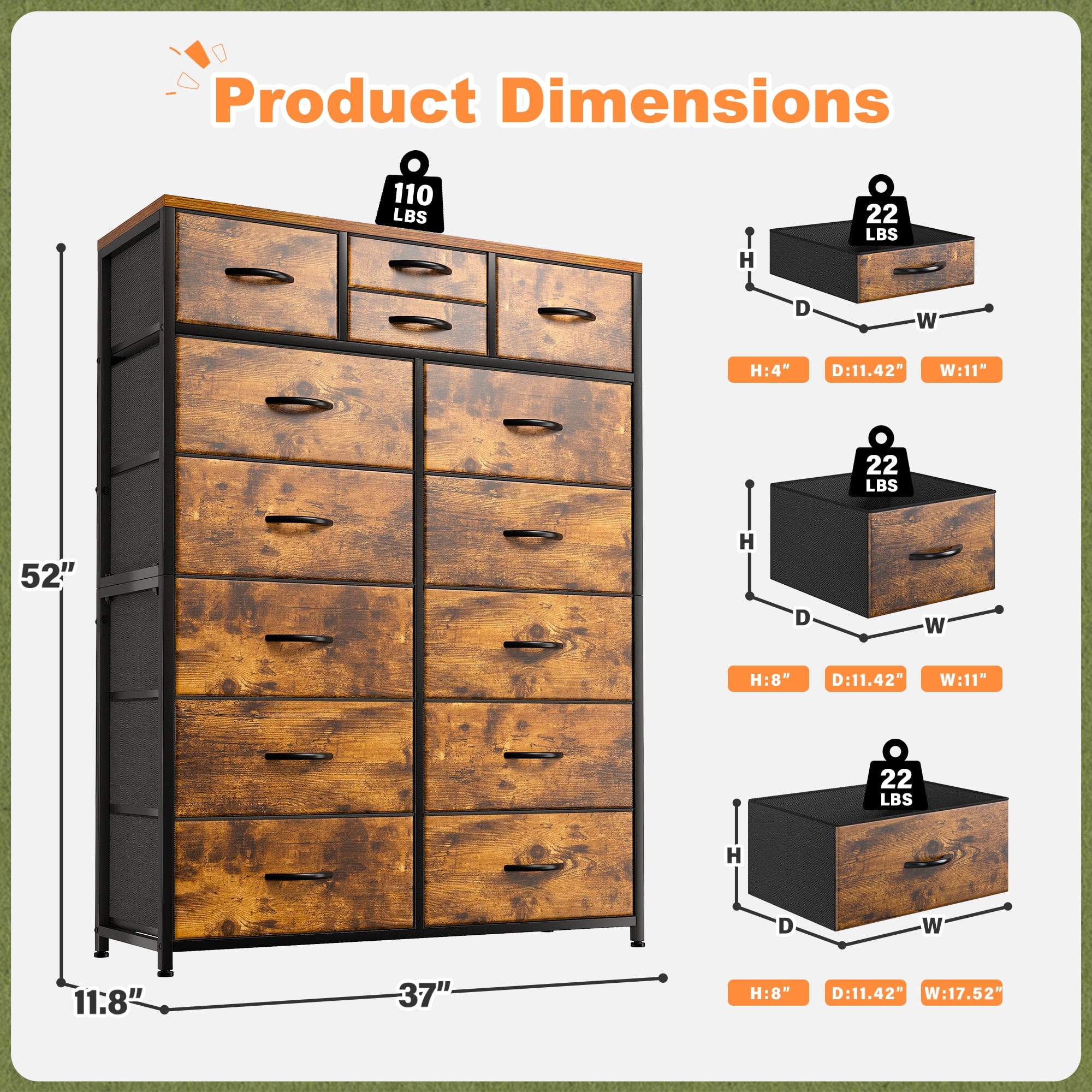 Tall Dresser for Bedroom with Fabric Drawers Dressers & Chests of Drawers for Closet, Sturdy Metal Frame, Wood Top, Rustic Brown