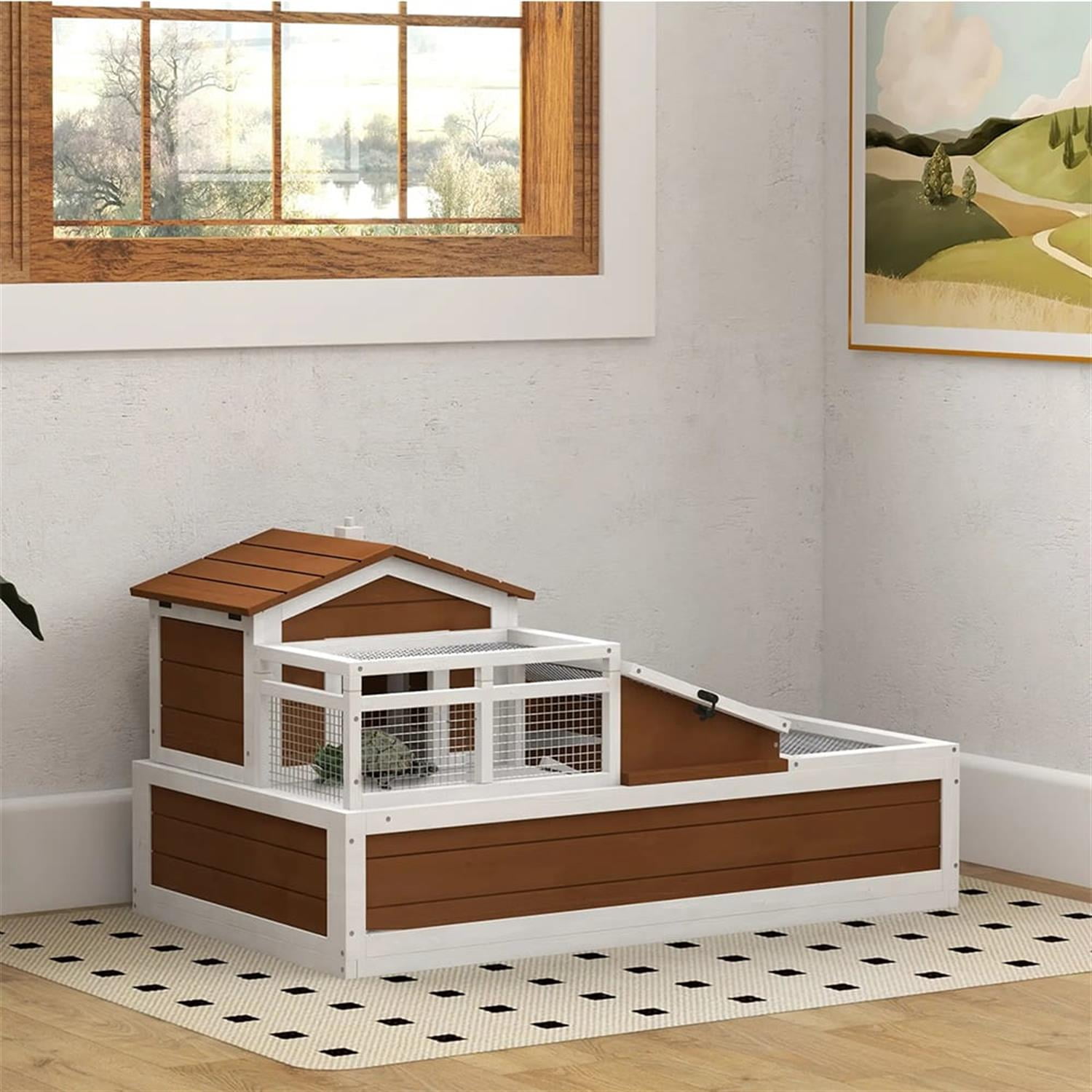 resenkos 44" Wooden 3-Room Tortoise House with Balcony & 2 Stories, Reptile Cage Enclosure for Turtles, Lizards, Snakes, Small Animal Habitats, Brown