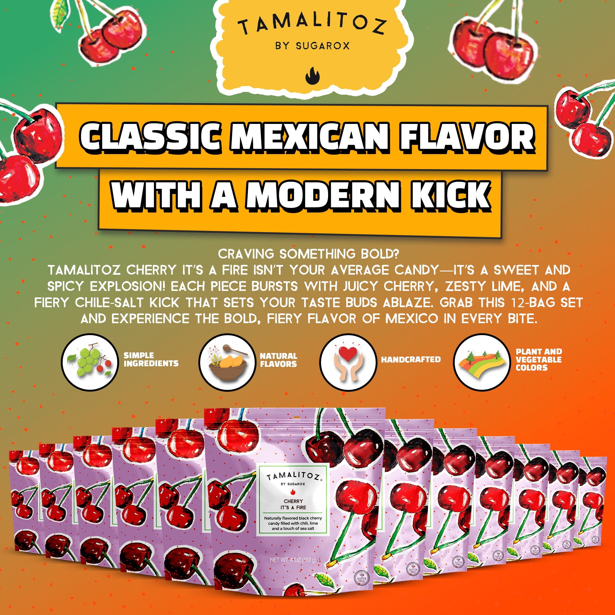 Tamalitoz Cherry, It’s a Fire – Spicy Cherry Mexican Hard Candy with Chile, Lime & Sea Salt – Handcrafted Candy, Gluten-Free, Kosher, 12 Bags – 4oz Each
