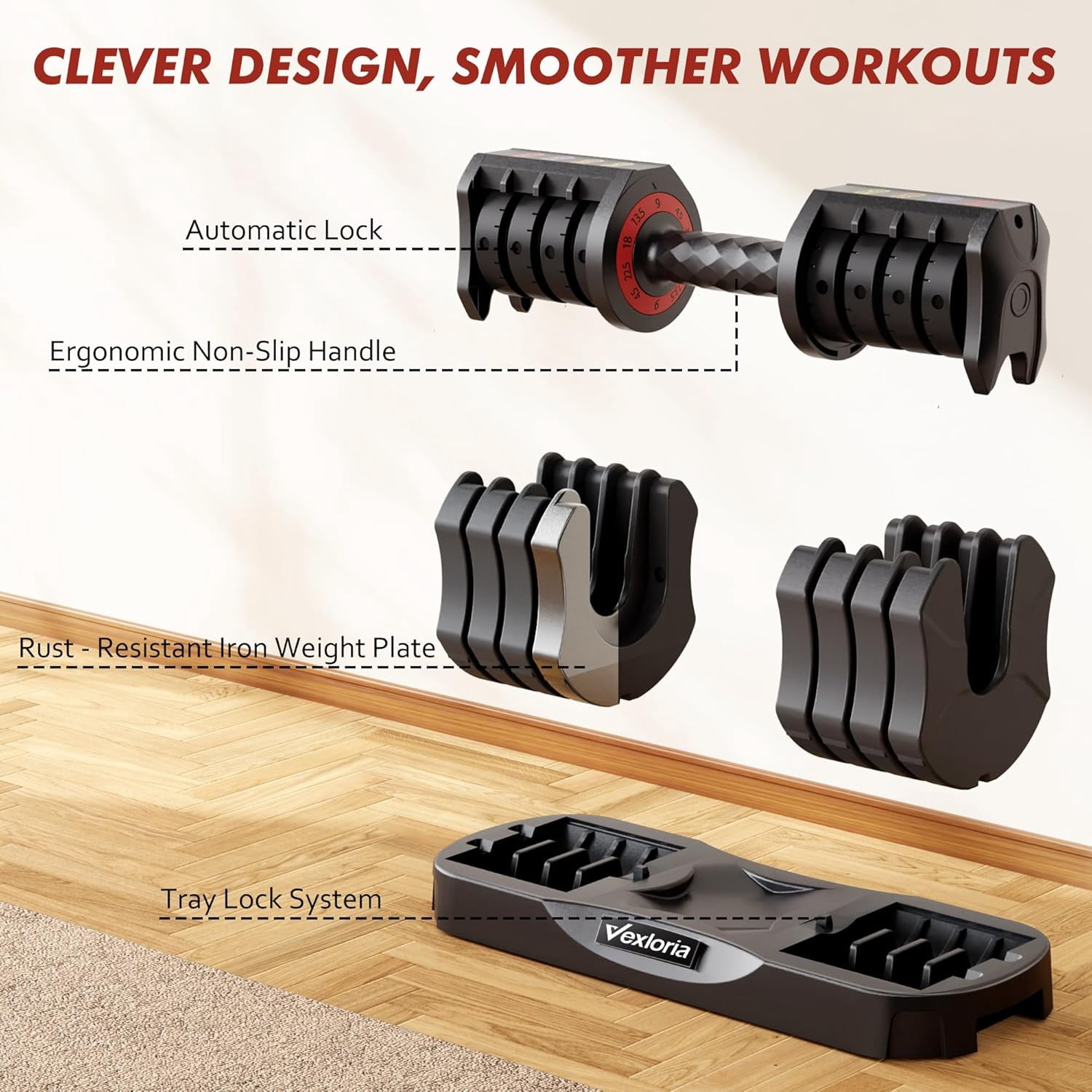 Adjustable Dumbbell Set, 22.5lb 5-in-1 Quick Adjust Dumbbell, Free Weights with Storage Tray for Home Gym, Full Body Workout Equipment for Men & Women