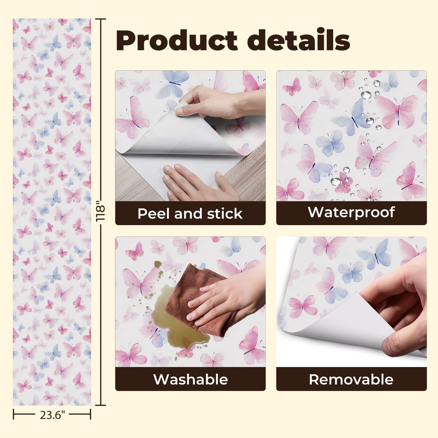 Peel and Stick Wallpaper Watercolor Butterflies Soft Pink Blue Tones White Wall Mural 23.6in x 9.8ft Self Adhesive Removable Wall Paper Renter Friendly Wallpaper for Nursery Bedroom Cabinets