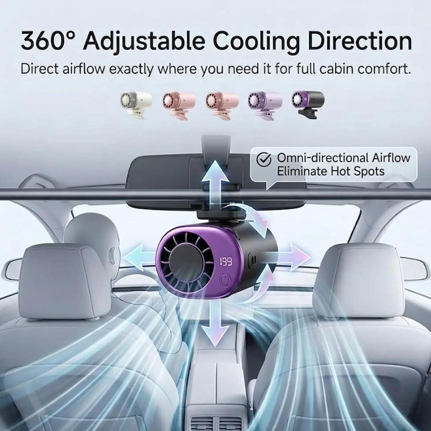2026 Car Clip On Air Conditioner Fan With LED Display - 360° Rotation Adjustable 199 Speeds,Portable USB Rechargeable Personal Cooling Mini Fans for Office, Bike, Beach
