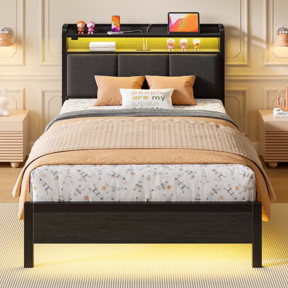 Greenstell Twin Size Bed Frame with Charging Station, LED Lights, Upholstered Headboard & Storage Shelves, No Box Spring Needed, Noise-Free, Gray