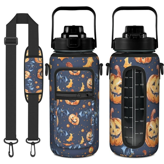 Halloween Themed 64oz Water Bottle with Portable Sleeve - Pumpkin & Cobweb Print Large Sport Bottle for Outdoor Adventures