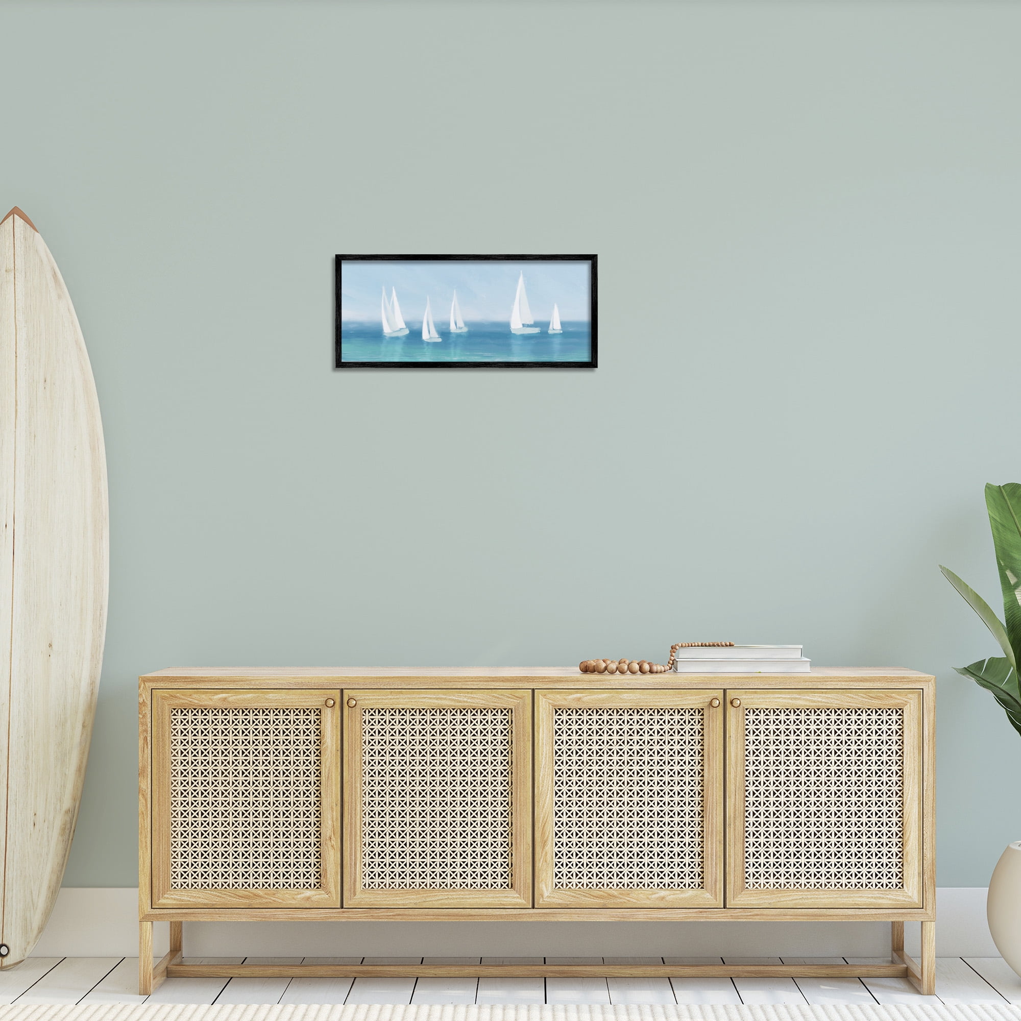 Stupell Industries White Sail Boats Across Coast Nature Painting Black Framed Art Print Wall Art, 24 x 10