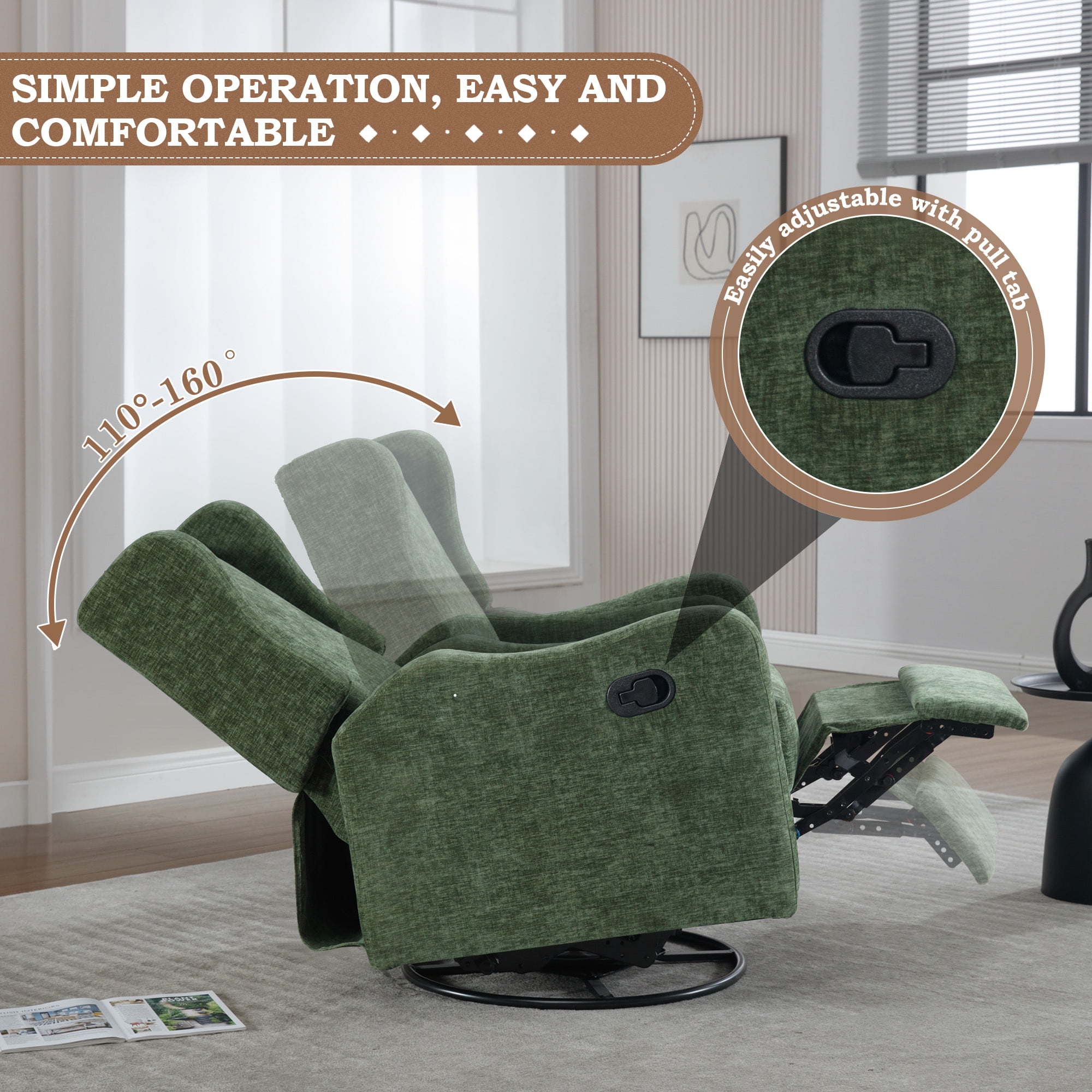 Lunale Swivel Glider Rocking Chair for Nursery, Wingback Upholstered Glider Rocker for Living Room, Green Chenille Fabric