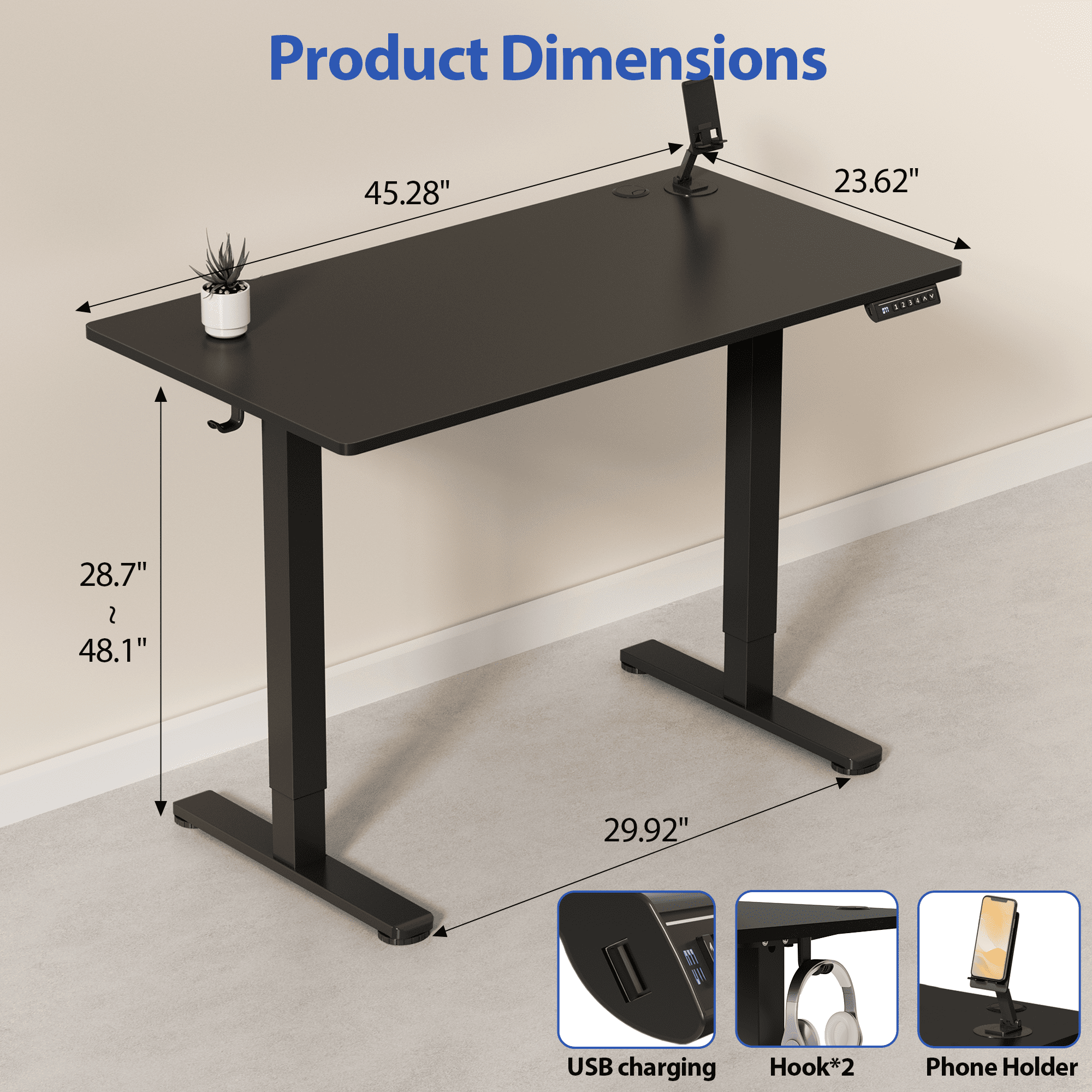 Lacoo 45" x 24" Sit to Stand Desk Height Adjustable Standing Desk Electric Stand up Table with Phone Stand, Black
