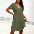thumbnail image 6 of FRSASU Women's Mini Dress Casual V Neck Short Sleeve Pleated Dresses Solid Color Loose Fit Fashion Summer Dress Army Green, 6 of 8