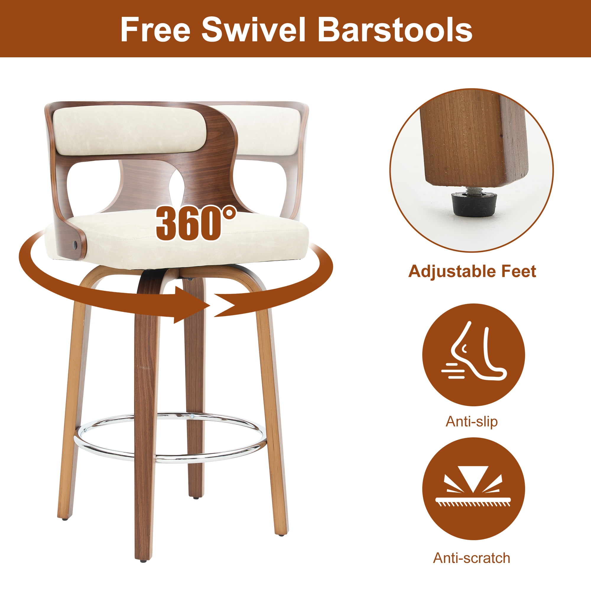 FANCROU 26 inch Swivel Counter Height Bar Stools Set Of 2, PU Leather Seat With Bentwood Back And Legs, Beigegrey
