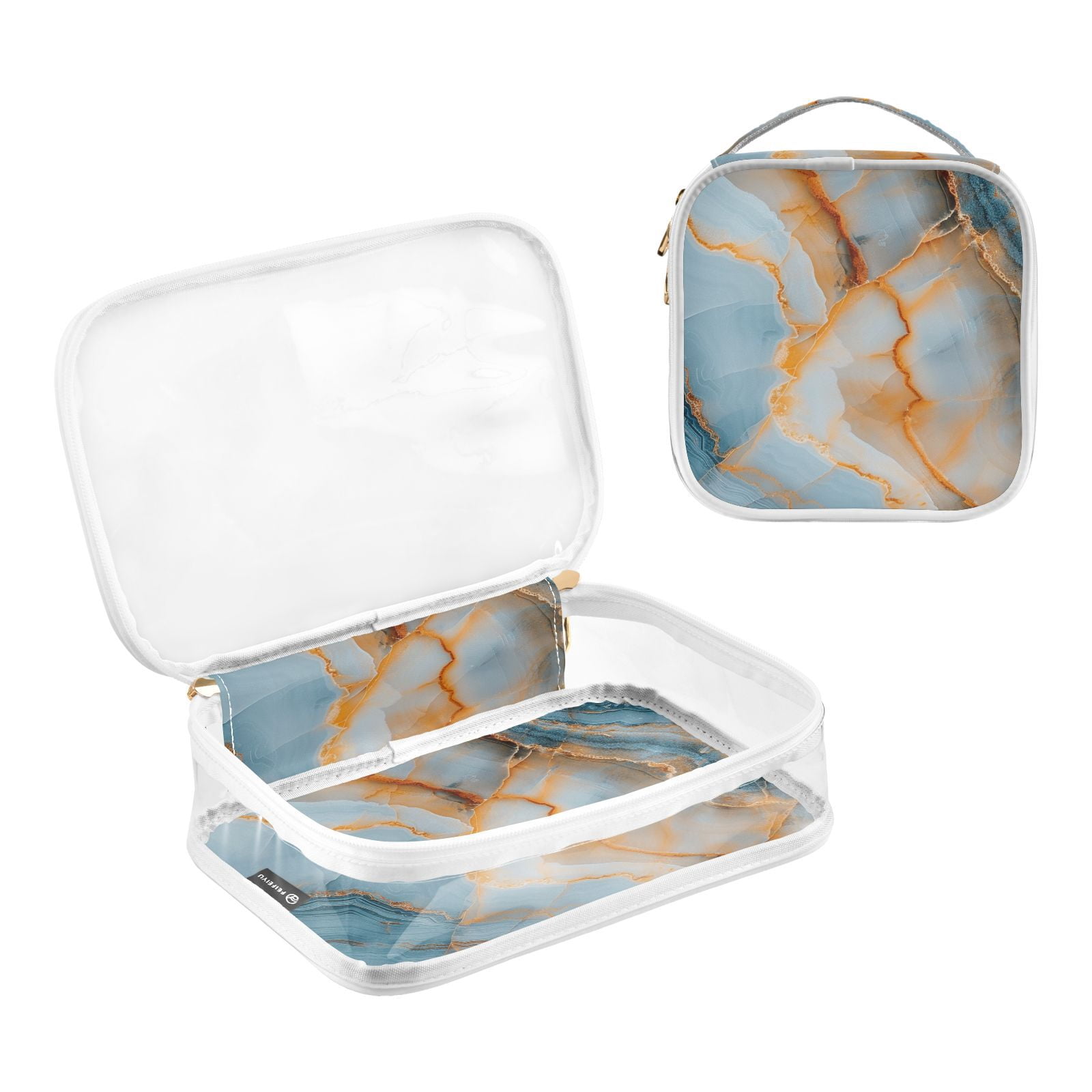 Clear Makeup Bags with Handle Large Opening 2 Pack Set Toiletry Bag Quart Size Bag, for Women Man Traveling Travel Essentials, Toiletries and Other. Marble Pattern Blue Gold