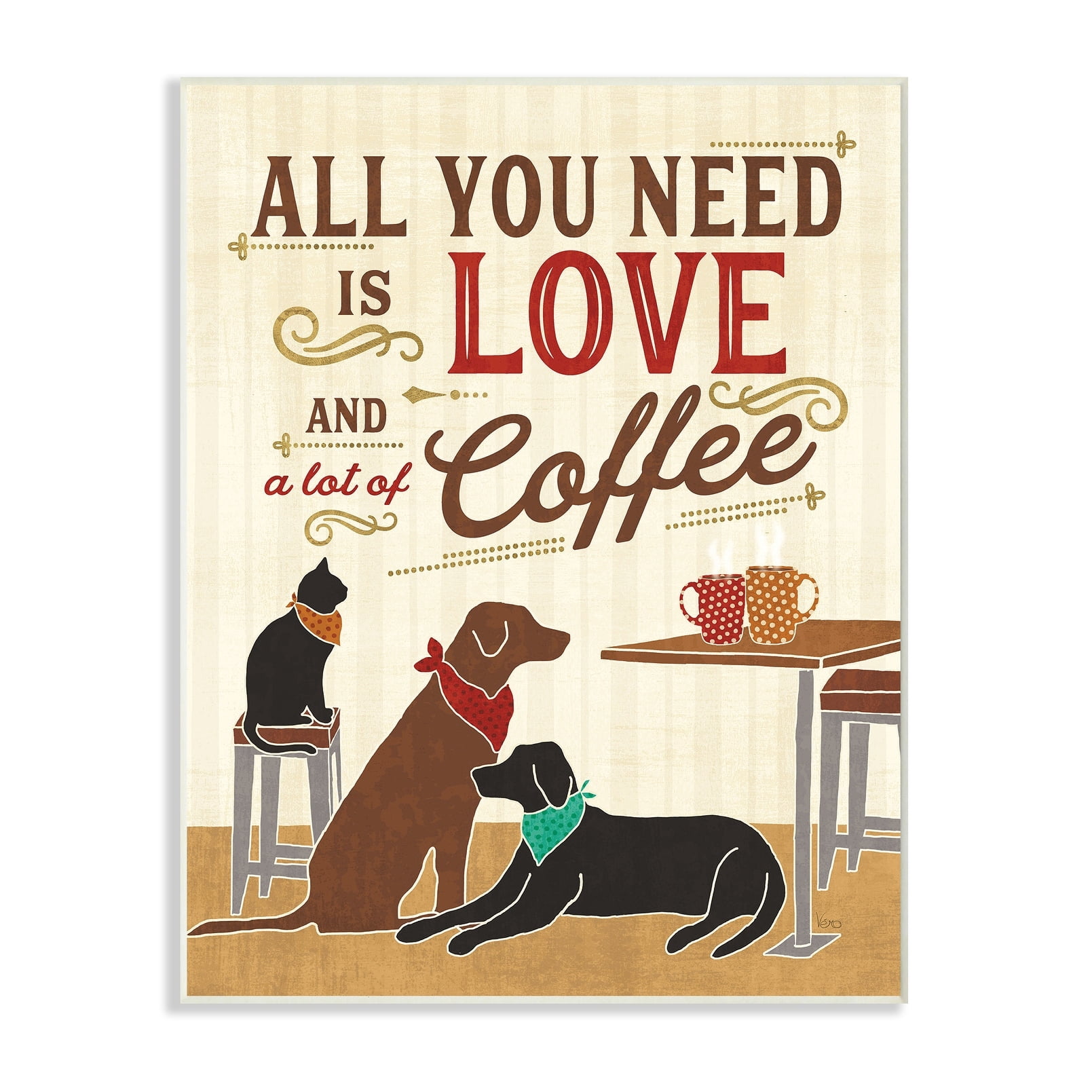 The Stupell Home Decor Collection All You Need is Love and Coffee Cats Dogs Oversized Wall Plaque Art