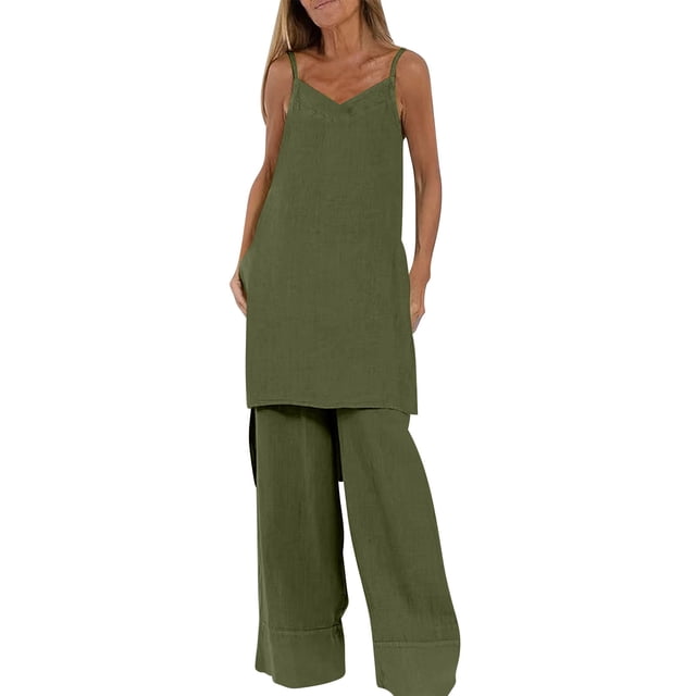Conjunto de Pantalones Cortos de Verano con Cuello en V, Blusa sin Mangas Y Pantalones de Bolsillo Sueltos, Traje Casual de 2 Piezas para Mujeres, Conjunto de Mezcla de Algodón de Lavado a Mano