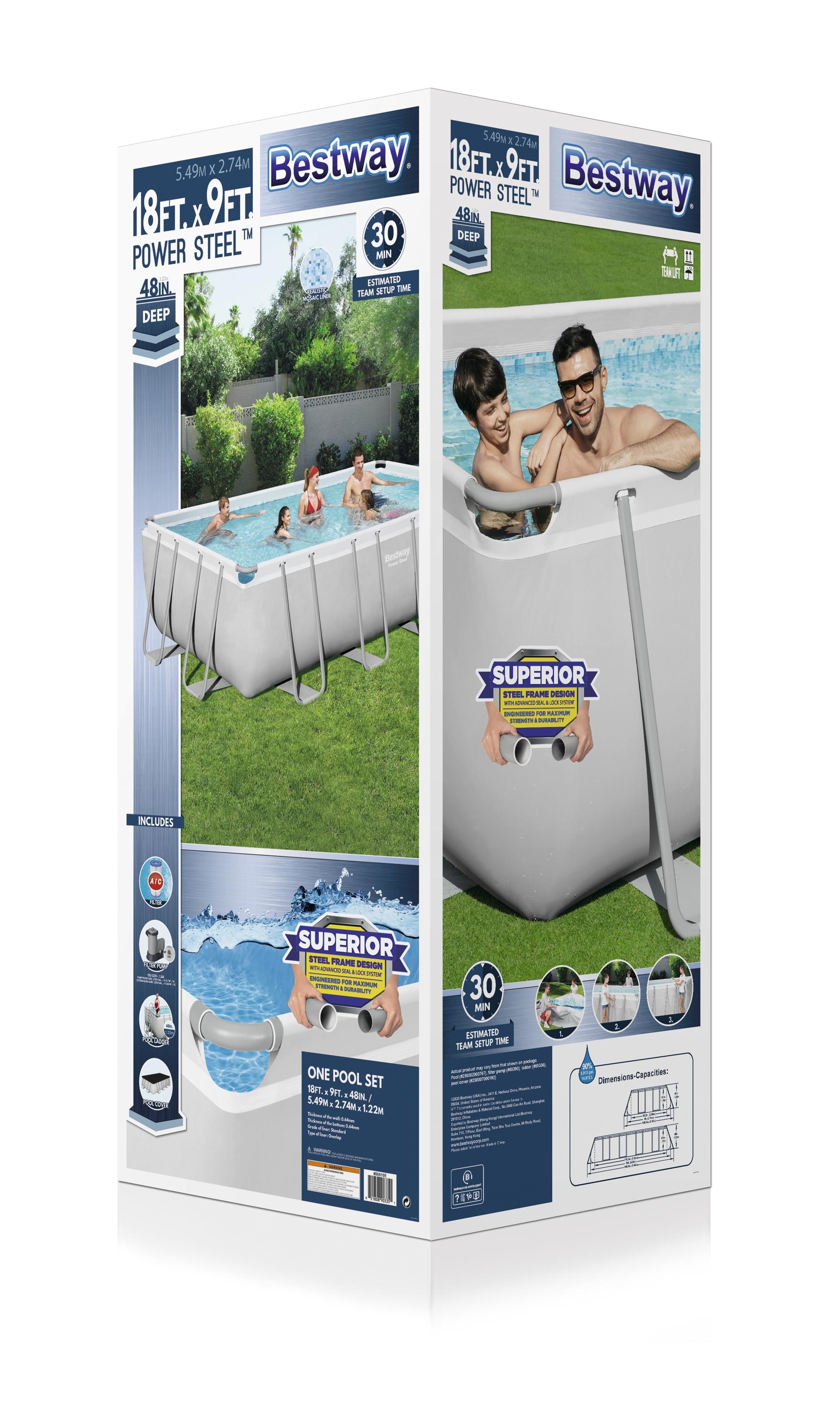 Bestway Power Steel 18' x 9' x 48" Rectangular Metal Frame Swimming Pool Set with Pump, Ladder and Cover - image 3 of 8