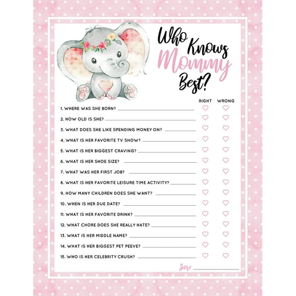30 Pink Elephant Who Knows Mommy Best Baby Shower Game and Activity Easy to Play- Gender Reveal New Parent Women Men or Kids