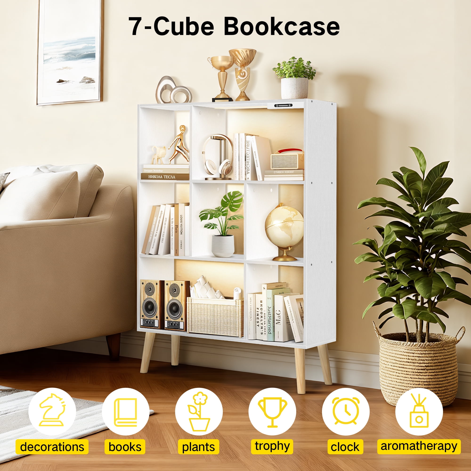 OUTONLIFE 7 Cube Storage Organizer,Open Bookshelf with Lights,Cube Storage Bookcase,Wood Bookcase for Living Room Office,White