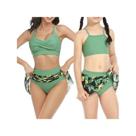 

Woshilaocai Women Girls 3 Pieces Bathing Suit Halter Bikini Swimsuit with Tropical Beach Skirt Mommy and Me Matching Swimwear
