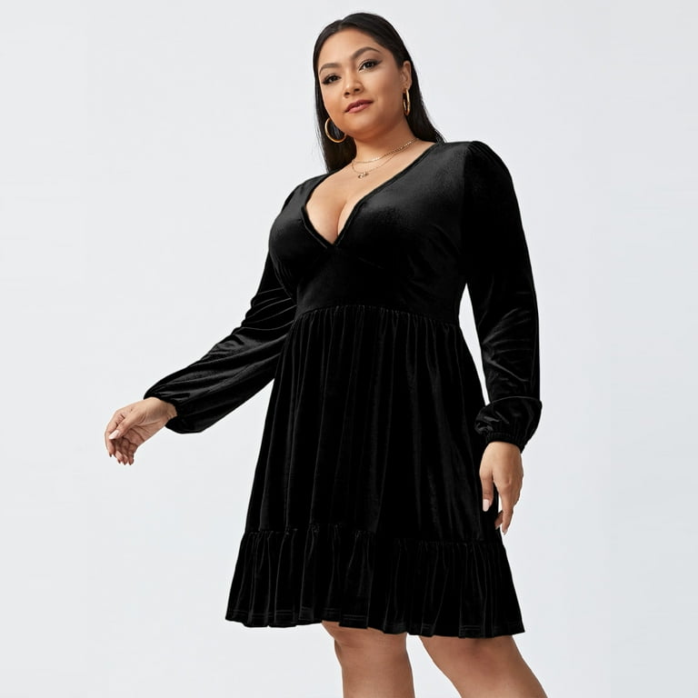 Women's Plus Size Velvet Dress Wrap V Neck Swing Dress Long Sleeve
